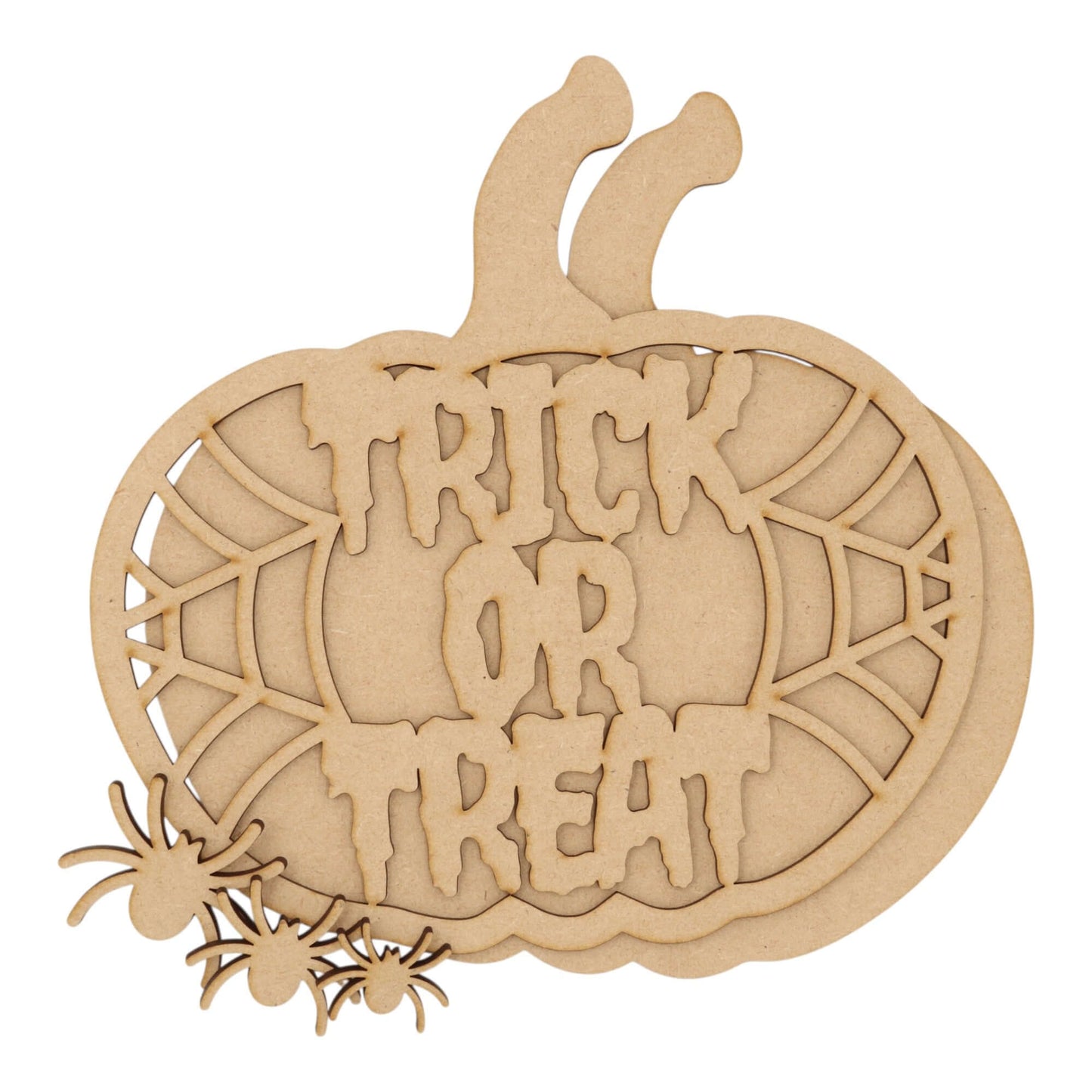 3D Wooden Halloween Pumpkin – Layered Trick or Treat & Spider Decoration featuring spider cutouts and web design.