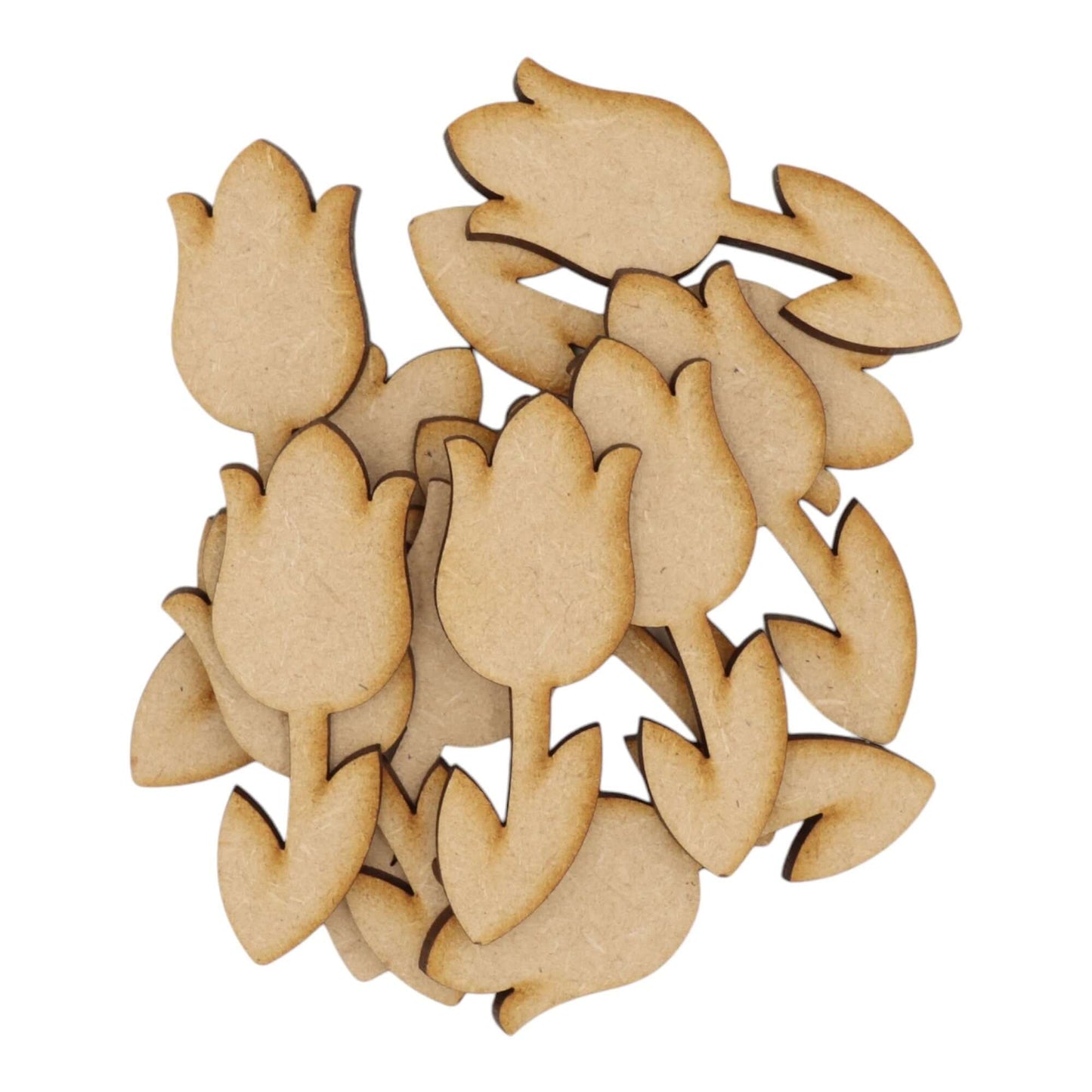 Laser cut MDF tulip flower craft shapes, 3mm thick, perfect for arts & crafts projects.