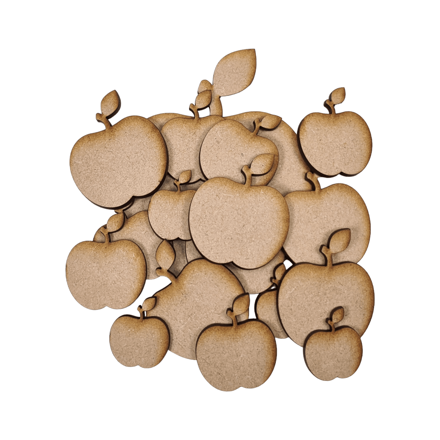 Laser cut MDF apple craft shapes, 3mm thick, perfect for arts & crafts projects.