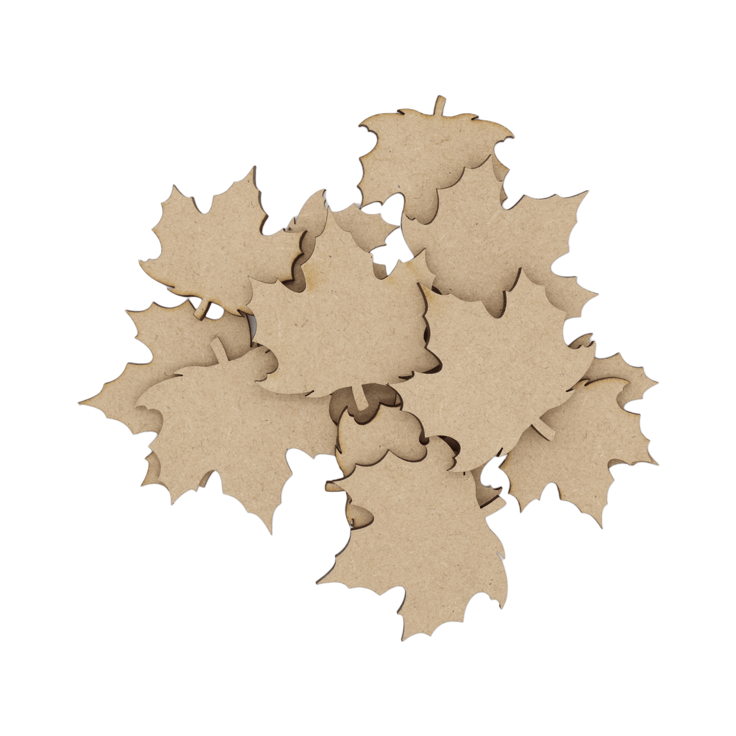 Laser cut MDF autumn leaf craft shapes, 3mm thick, perfect for arts & crafts projects.