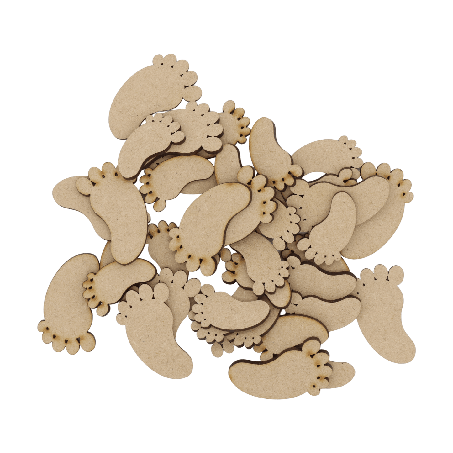 Laser cut MDF baby feet craft shapes, 3mm thick, perfect for arts & crafts projects.