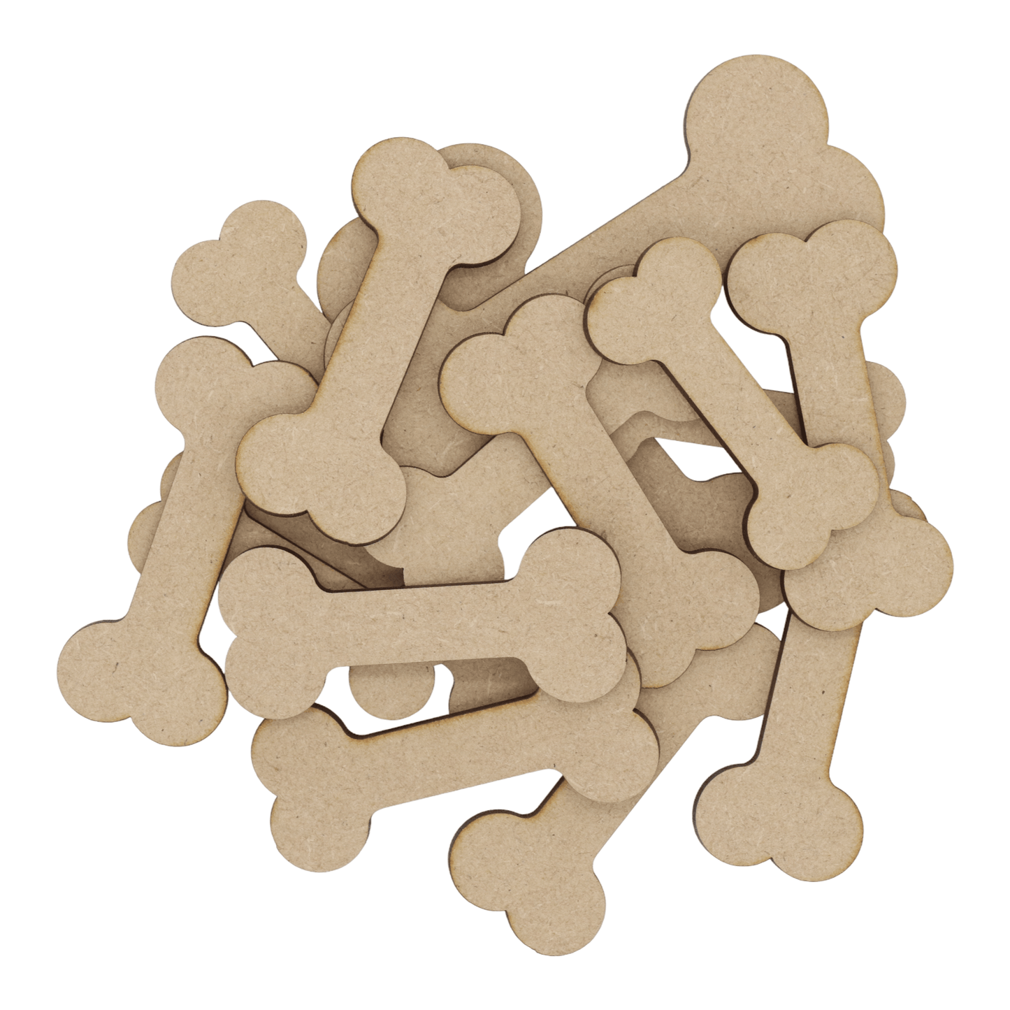 Laser cut MDF dog bone craft shapes, 3mm thick, perfect for arts & crafts projects.