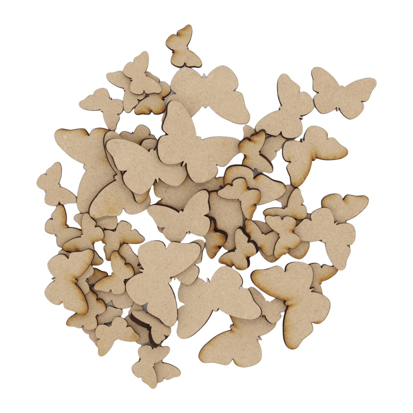Laser cut MDF butterfly craft shapes, 3mm thick, perfect for arts & crafts projects.