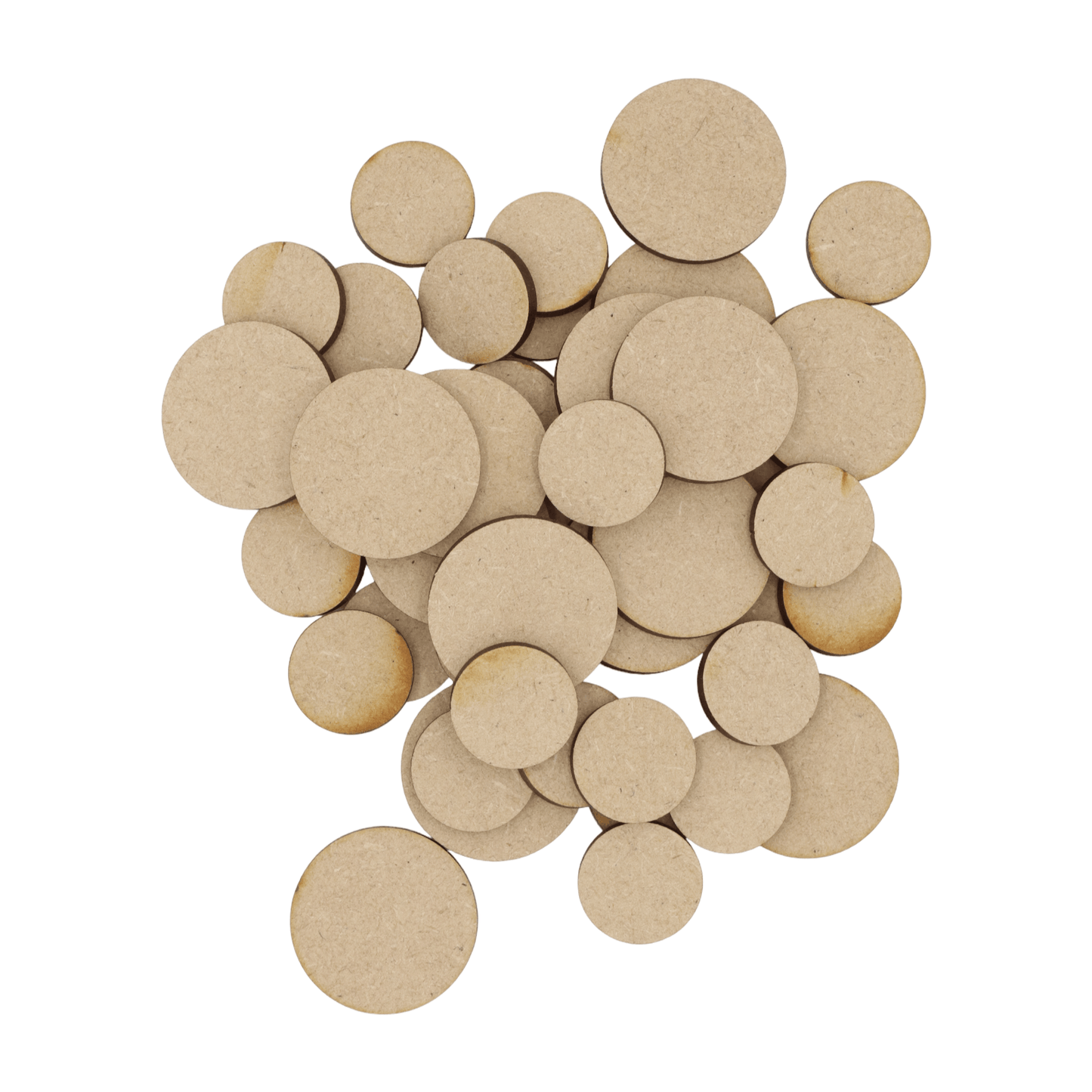 Laser cut MDF circle craft shapes, 3mm thick, perfect for arts & crafts projects.