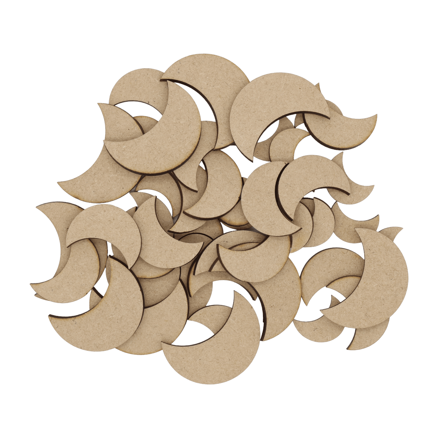 Laser cut MDF crescent moon craft shapes, 3mm thick, perfect for arts & crafts projects.
