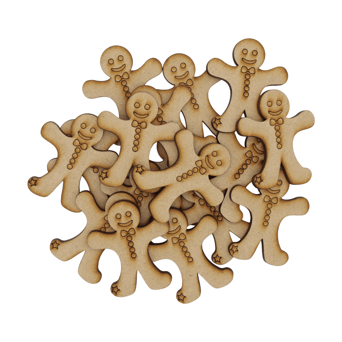 Laser cut MDF detailed gingerbread man craft shapes, 3mm thick, perfect for arts & crafts projects.