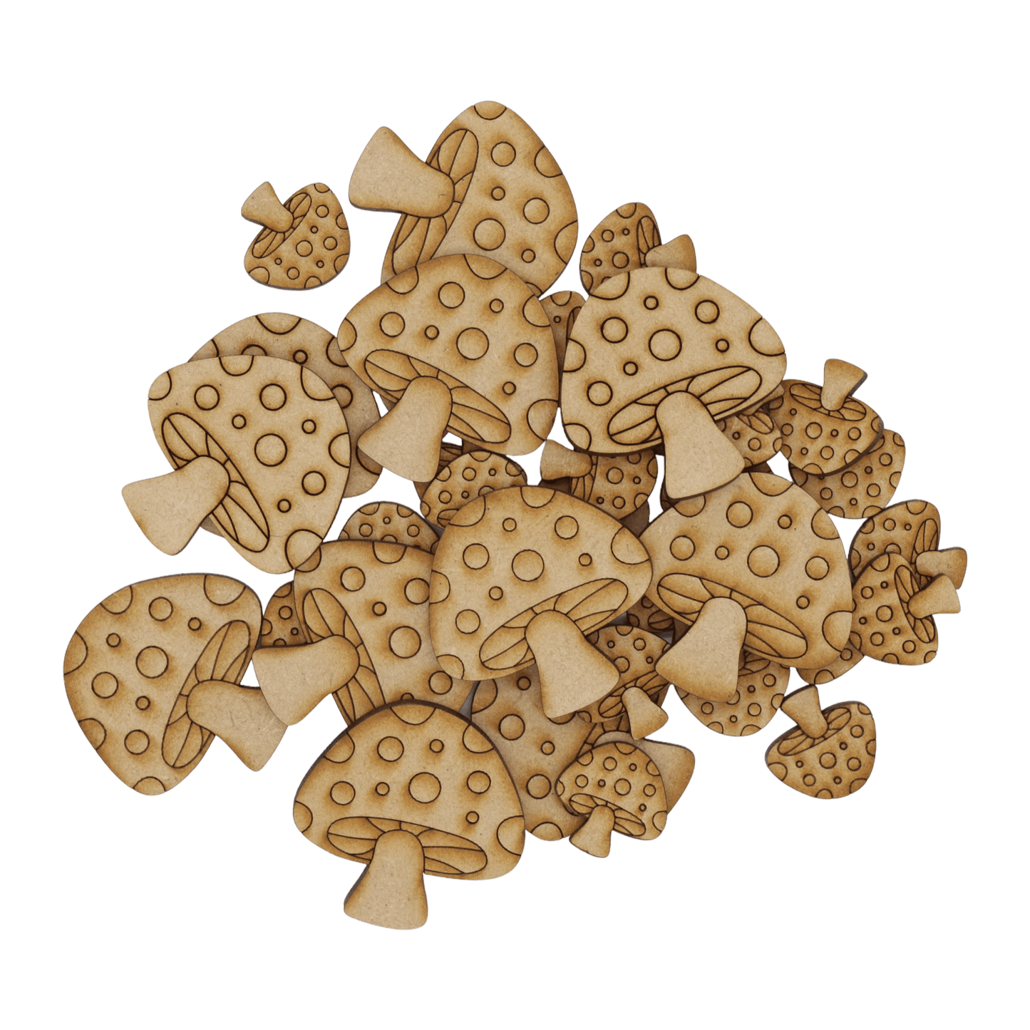 Laser cut MDF detailed mushroom craft shapes, 3mm thick, perfect for arts & crafts projects.