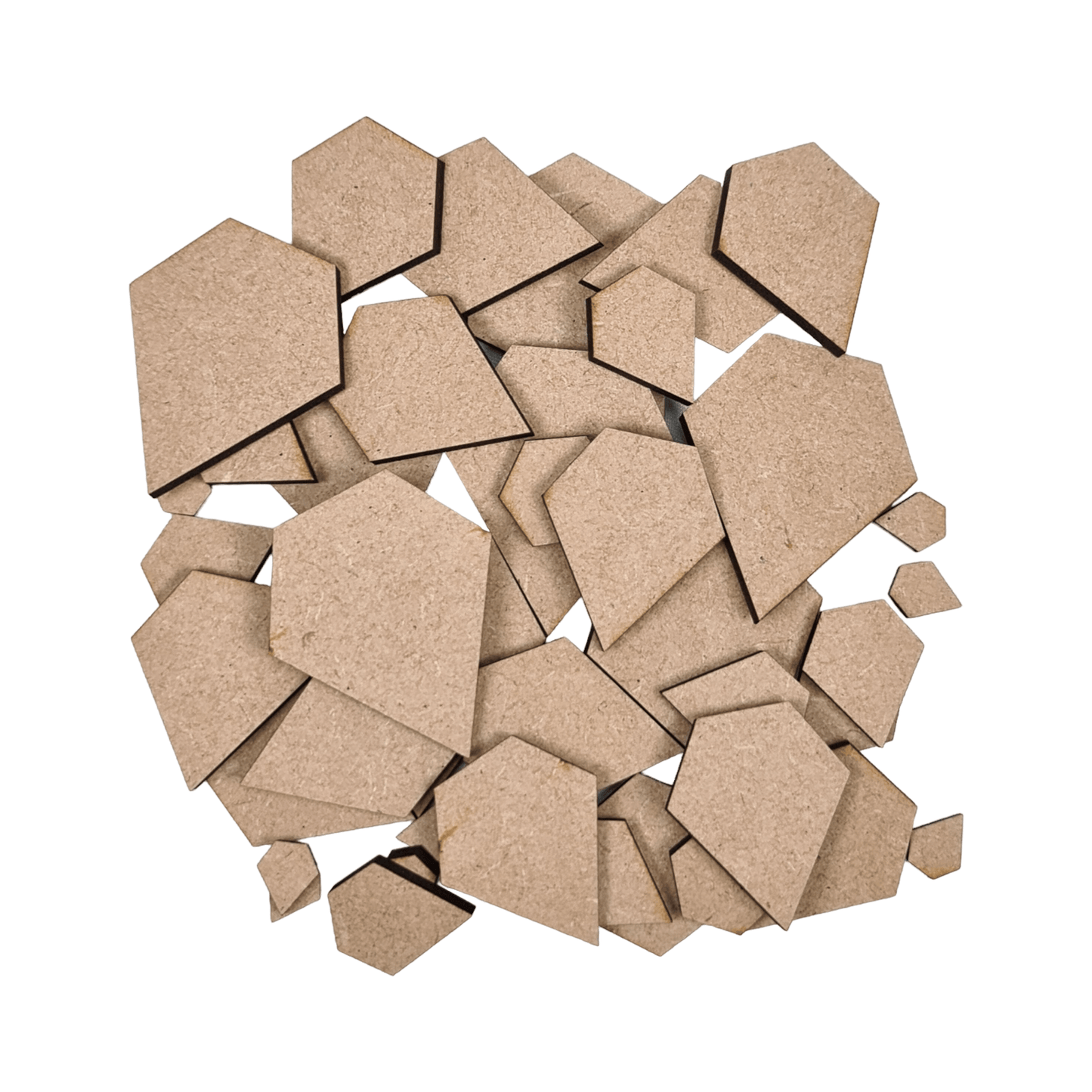 Laser cut MDF diamond craft shapes, 3mm thick, perfect for arts & crafts projects.