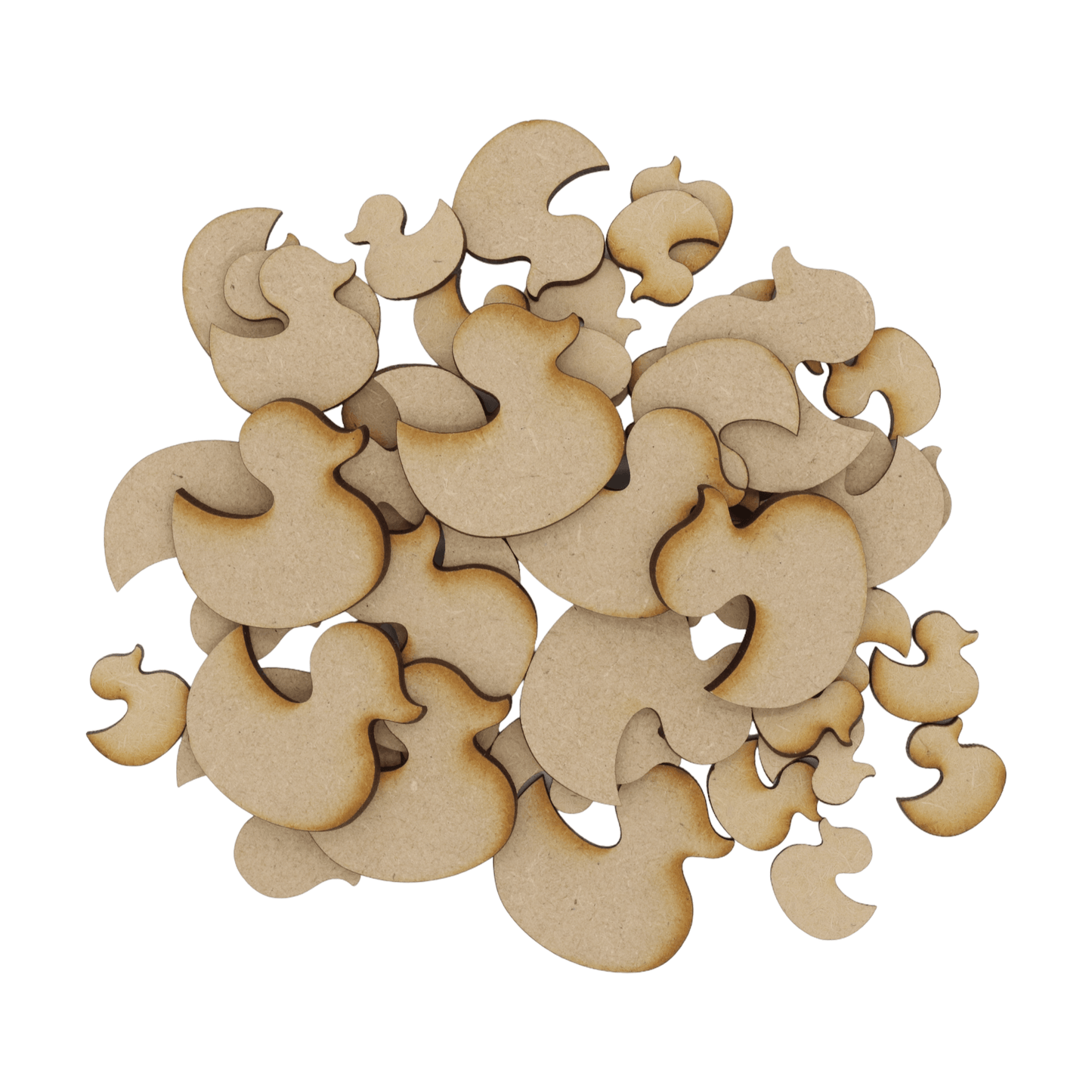 Laser cut MDF duck craft shapes, 3mm thick, perfect for arts & crafts projects.