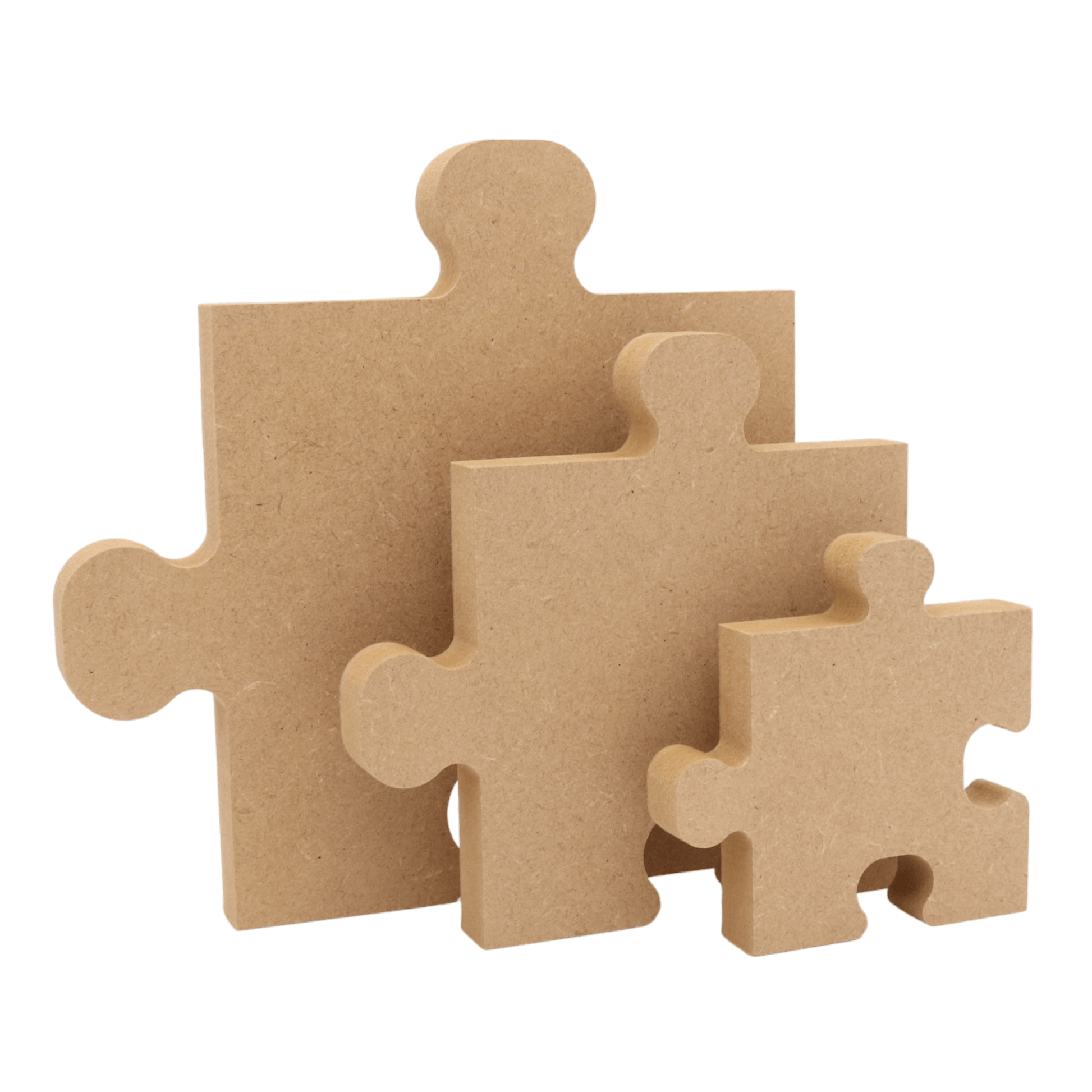 CNC routed freestanding puzzle piece shapes made from MDF, quality craft shapes for DIY projects.