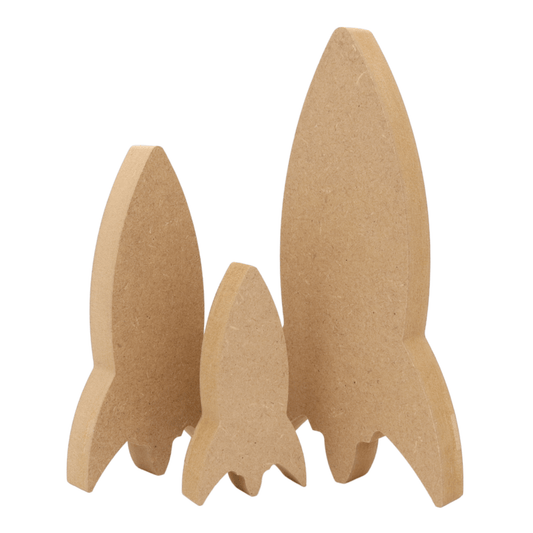 CNC routed freestanding rocket shapes made from MDF, quality craft shapes for DIY projects.