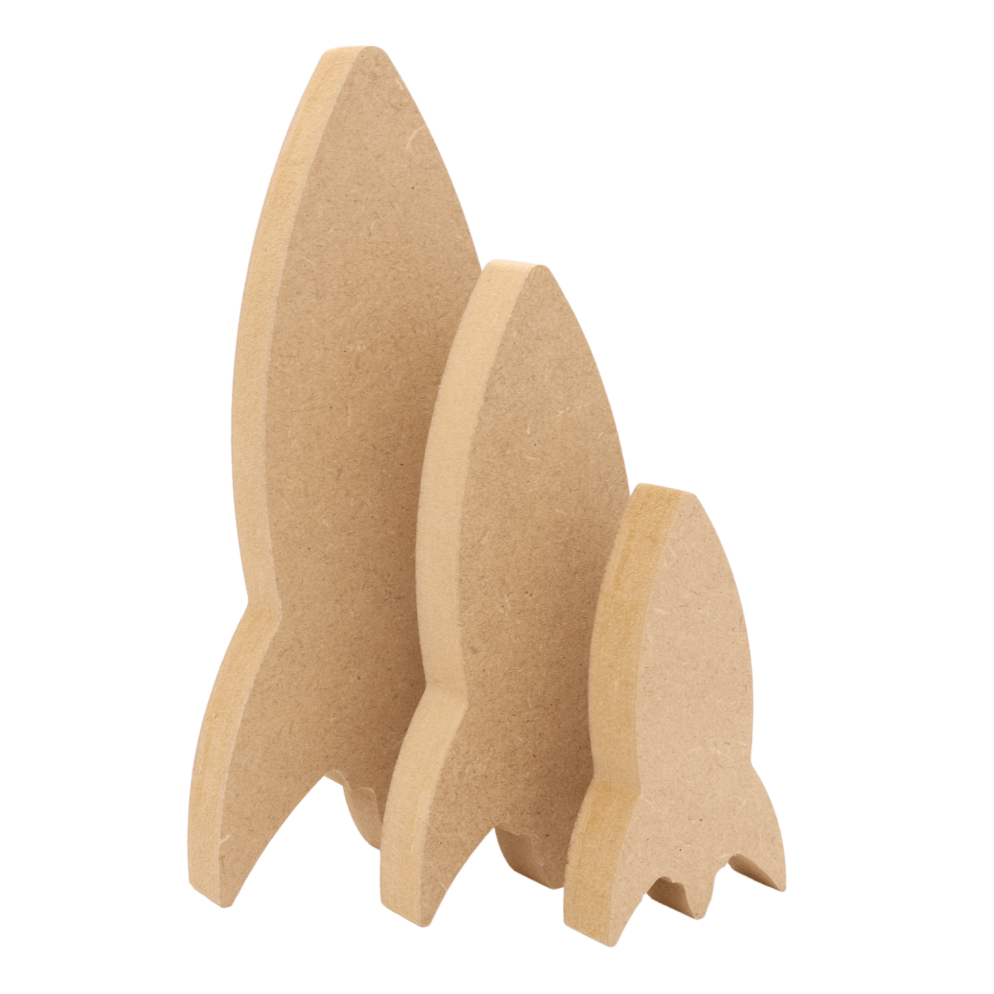 CNC routed freestanding rocket shapes made from MDF, quality craft shapes for DIY projects.