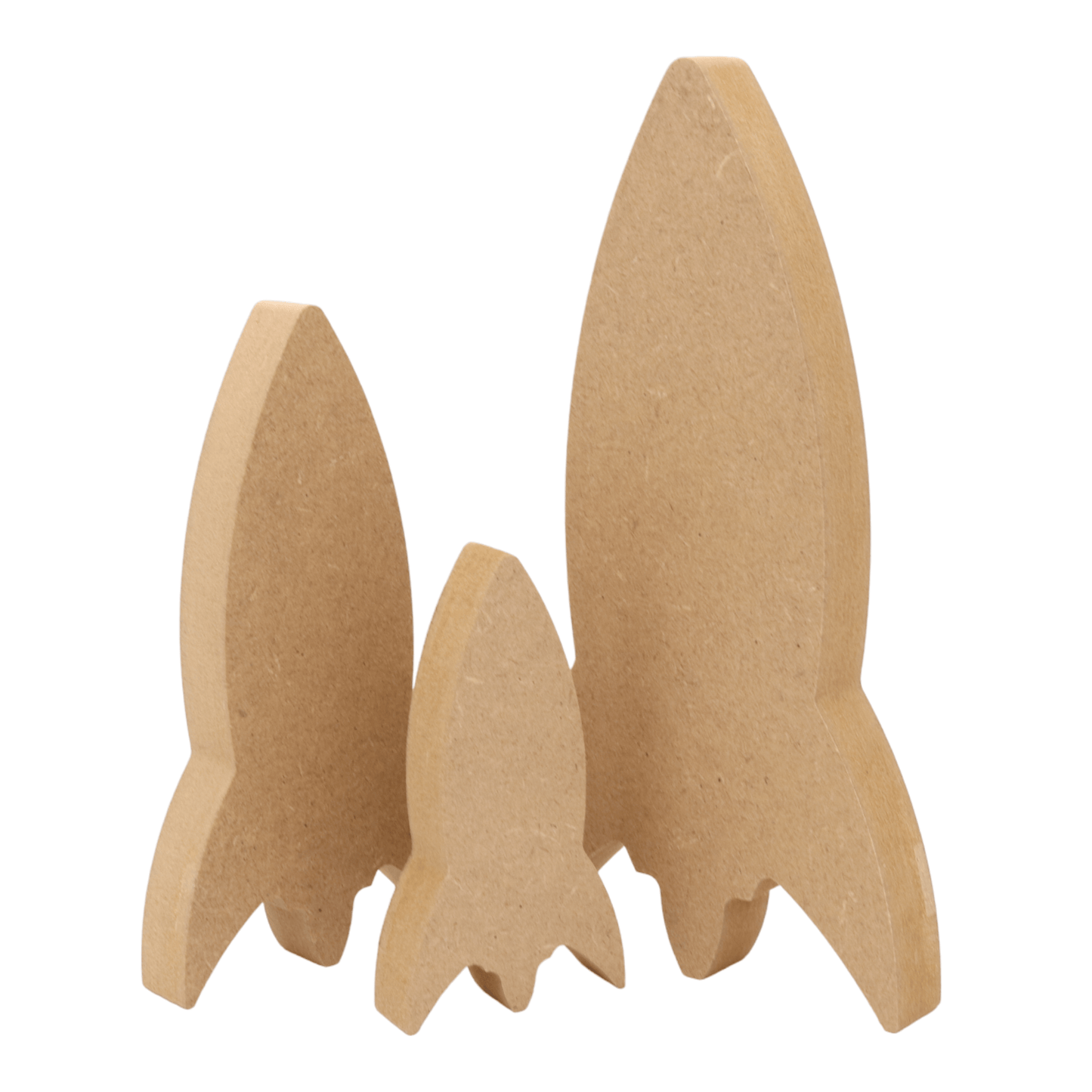 CNC routed freestanding rocket shapes made from MDF, quality craft shapes for DIY projects.