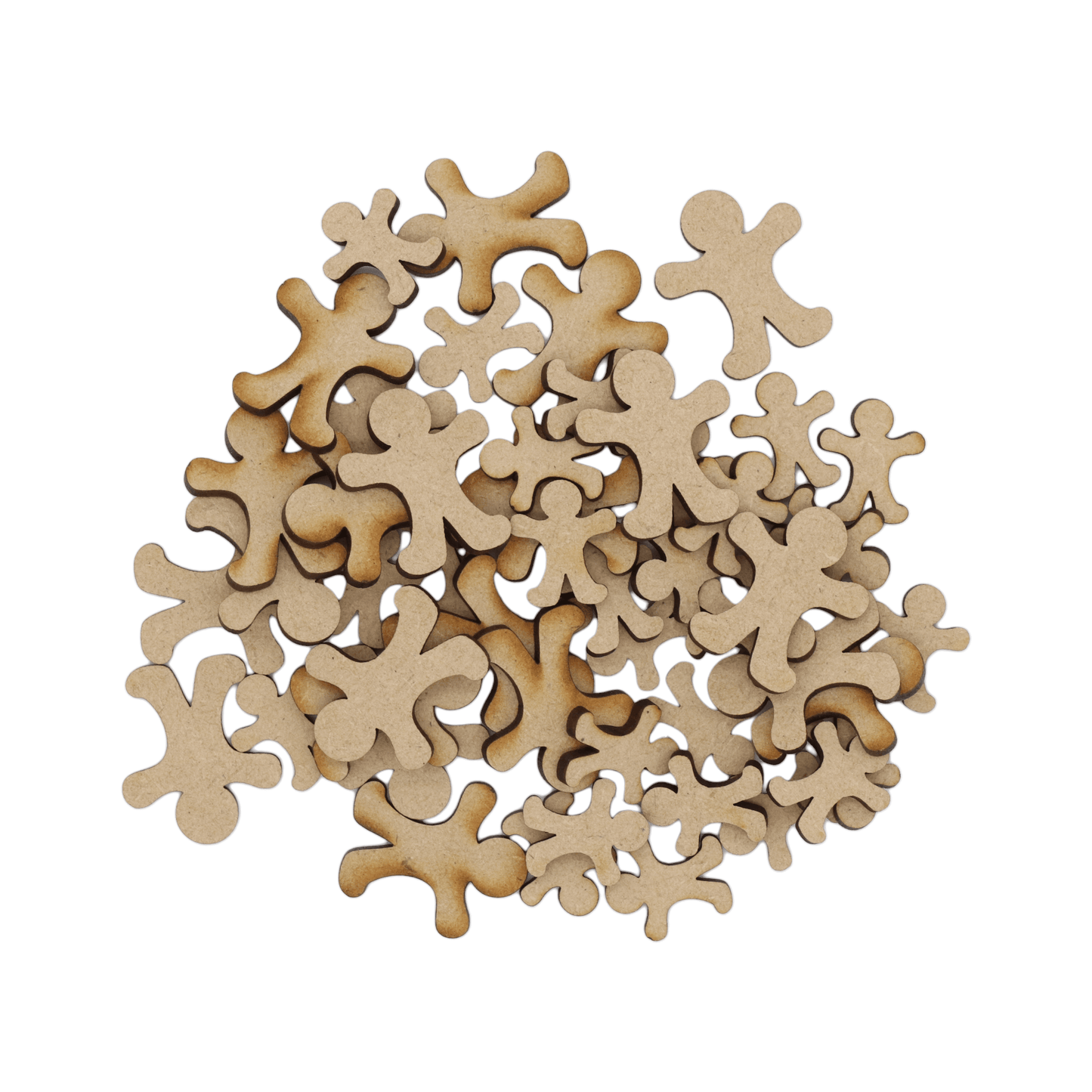 Laser cut MDF plain gingerbread man craft shapes, 3mm thick, perfect for arts & crafts projects.