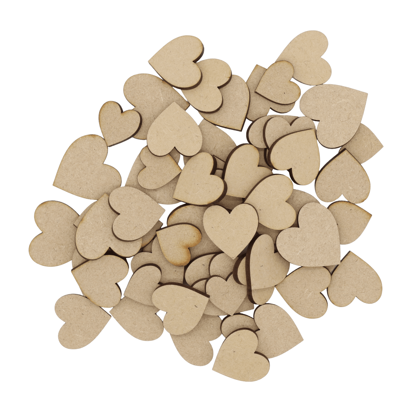 Laser cut MDF heart craft shapes, 3mm thick, perfect for arts & crafts projects.