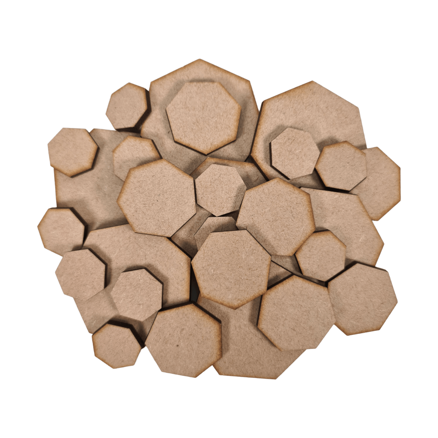 Laser cut MDF heptagon craft shapes, 3mm thick, perfect for arts & crafts projects.
