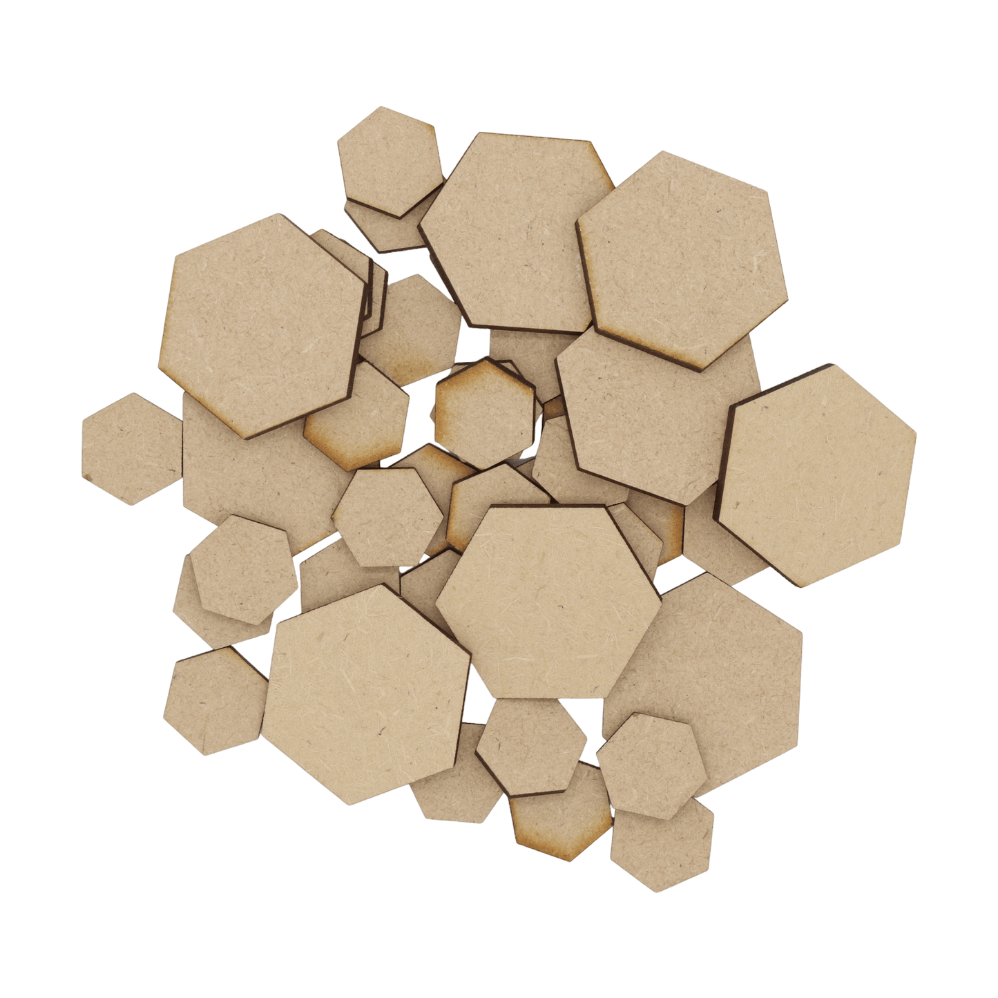 Laser cut MDF hexagon craft shapes, 3mm thick, perfect for arts & crafts projects.