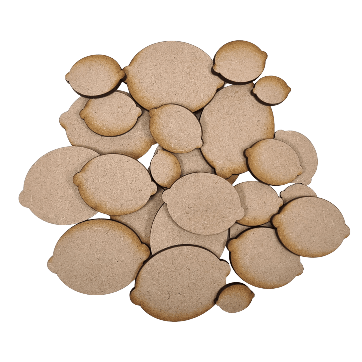 Laser cut MDF lemon craft shapes, 3mm thick, perfect for arts & crafts projects.