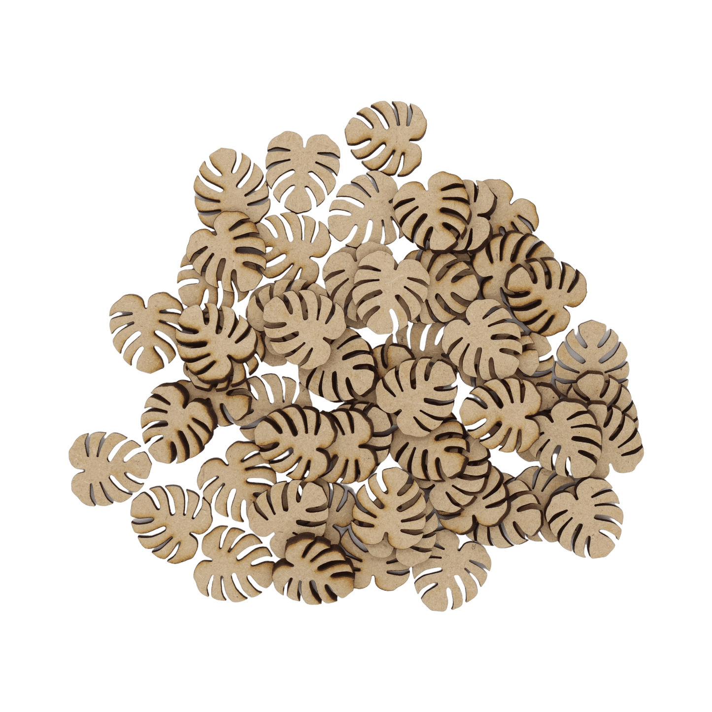 Laser cut MDF monstera leaf craft shapes, 3mm thick, perfect for arts & crafts projects.