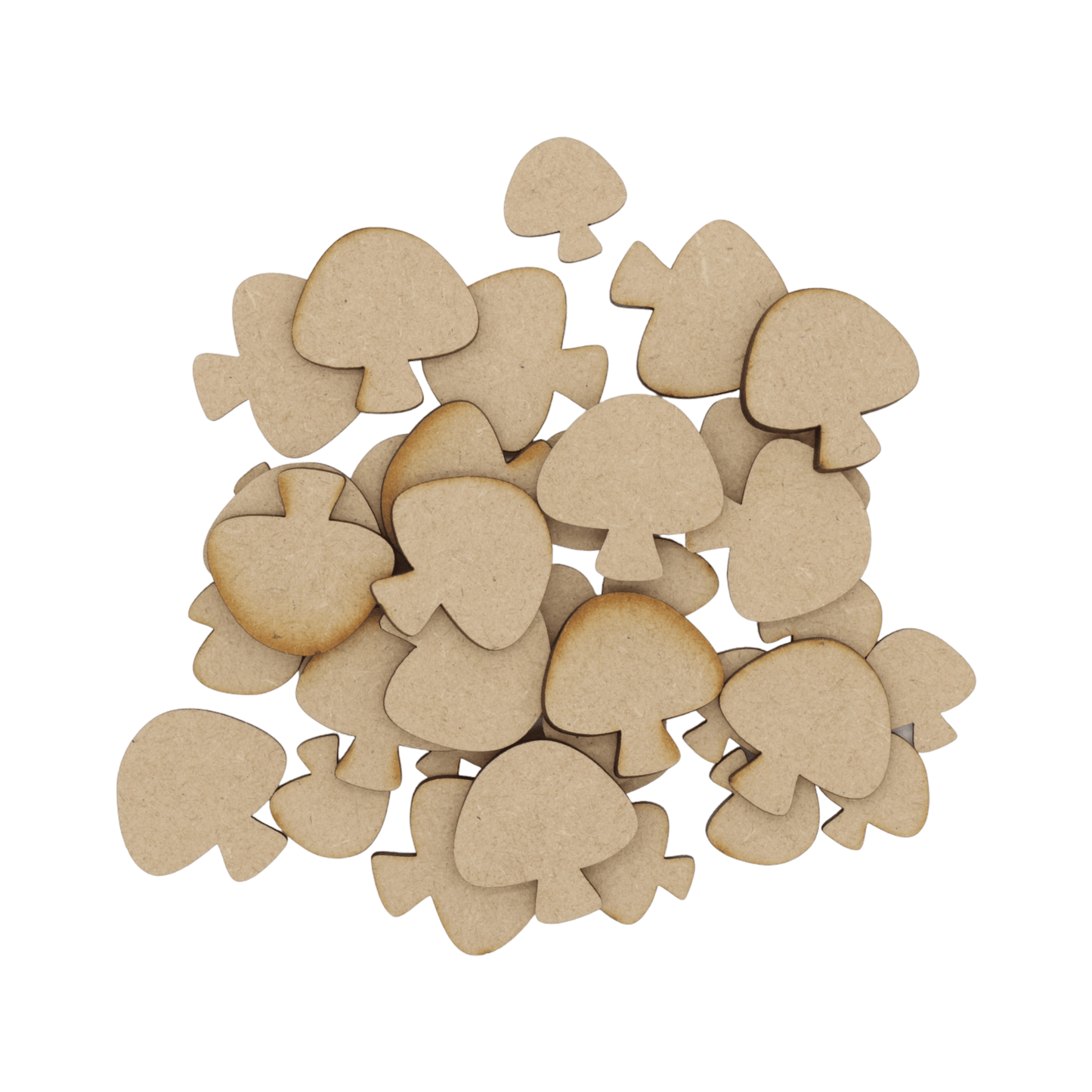 Laser cut MDF mushroom craft shapes, 3mm thick, perfect for arts & crafts projects.