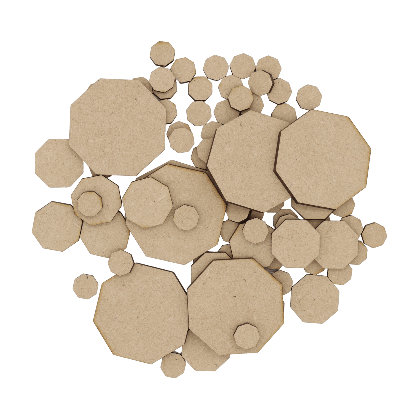 Laser cut MDF octagon craft shapes, 3mm thick, perfect for arts & crafts projects.