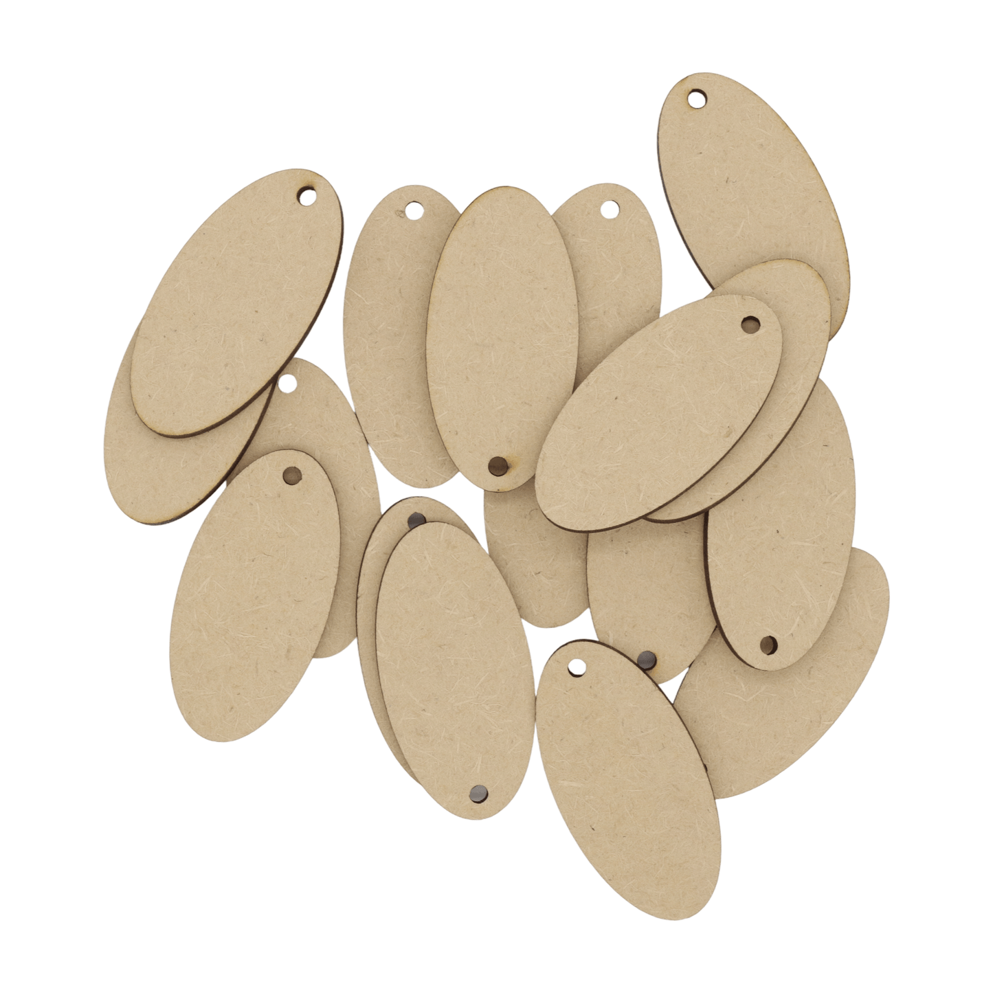 Laser cut MDF oval with hanging hole craft shapes, 3mm thick, perfect for arts & crafts projects.