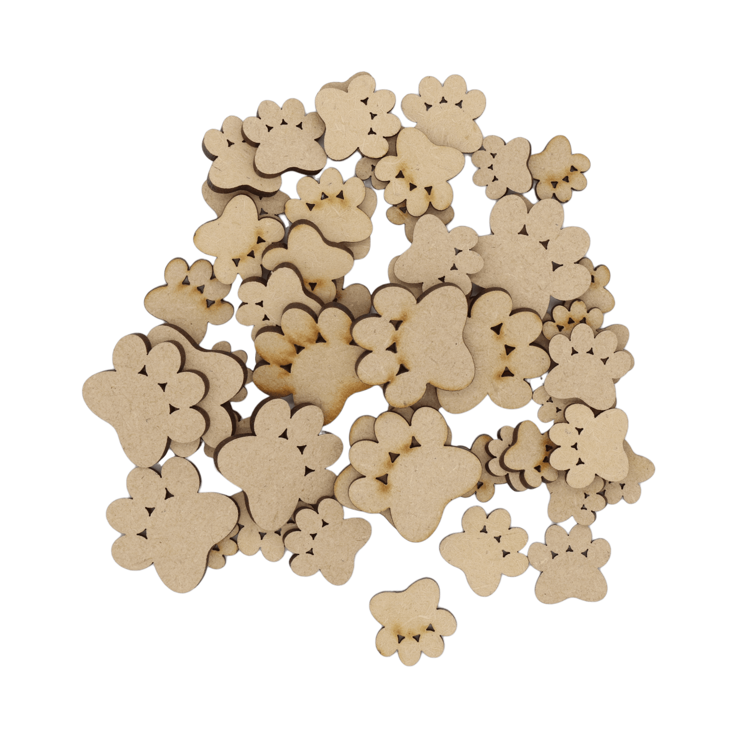 Laser cut MDF paw print craft shapes, 3mm thick, perfect for arts & crafts projects.