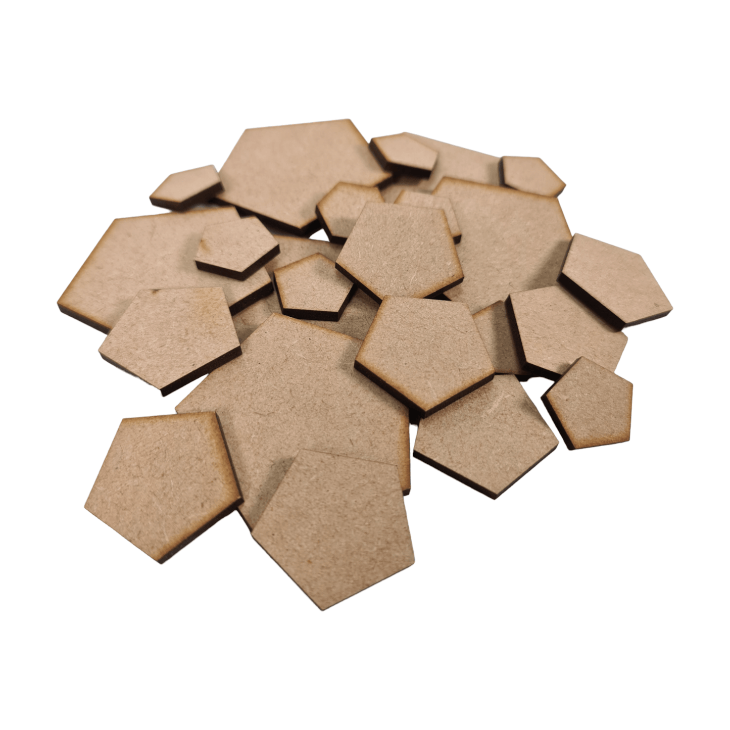 Laser cut MDF pentagon craft shapes, 3mm thick, perfect for arts & crafts projects.