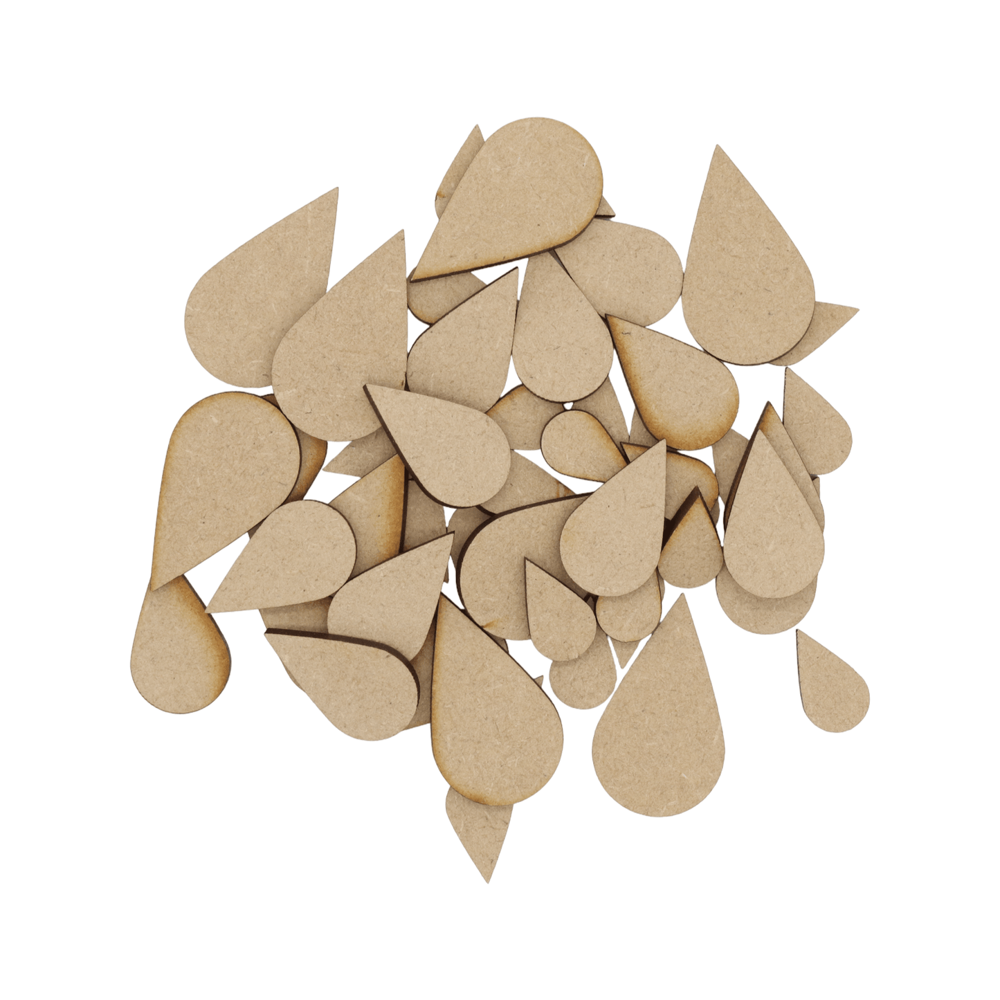 Laser cut MDF raindrop craft shapes, 3mm thick, perfect for arts & crafts projects.