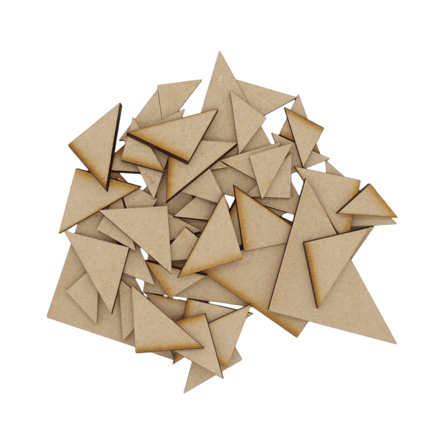 Laser cut MDF right angled triangle craft shapes, 3mm thick, perfect for arts & crafts projects.