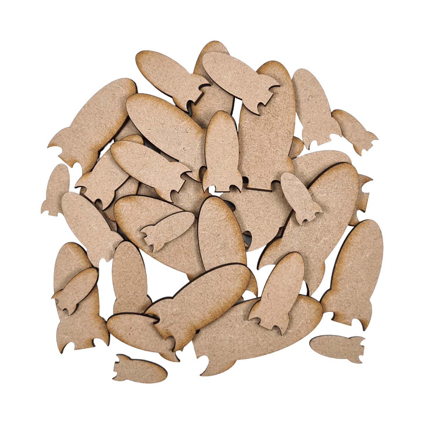 Laser cut MDF rocket s2 craft shapes, 3mm thick, perfect for arts & crafts projects.