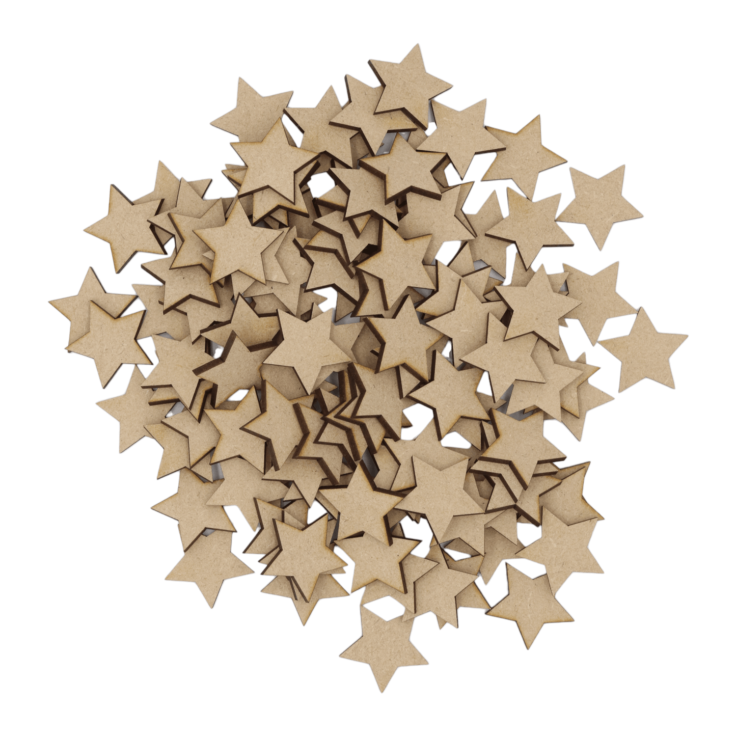 Laser cut MDF star craft shapes, 3mm thick, perfect for arts & crafts projects.