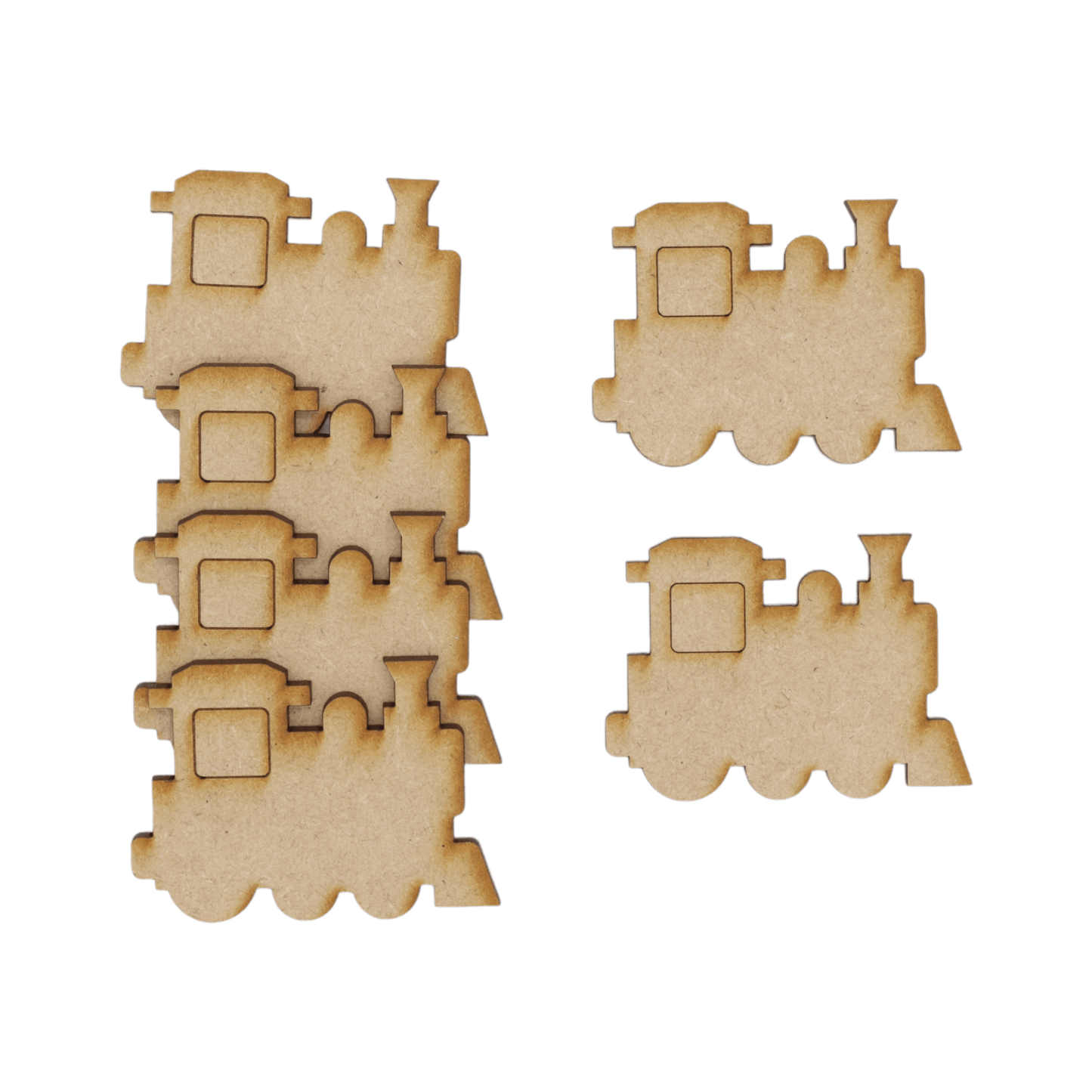 Laser cut MDF detailed train craft shapes, 3mm thick, perfect for arts & crafts projects.