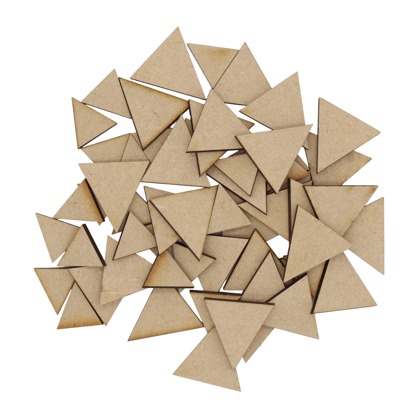 Laser cut MDF triangles craft shapes, 3mm thick, perfect for arts & crafts projects.