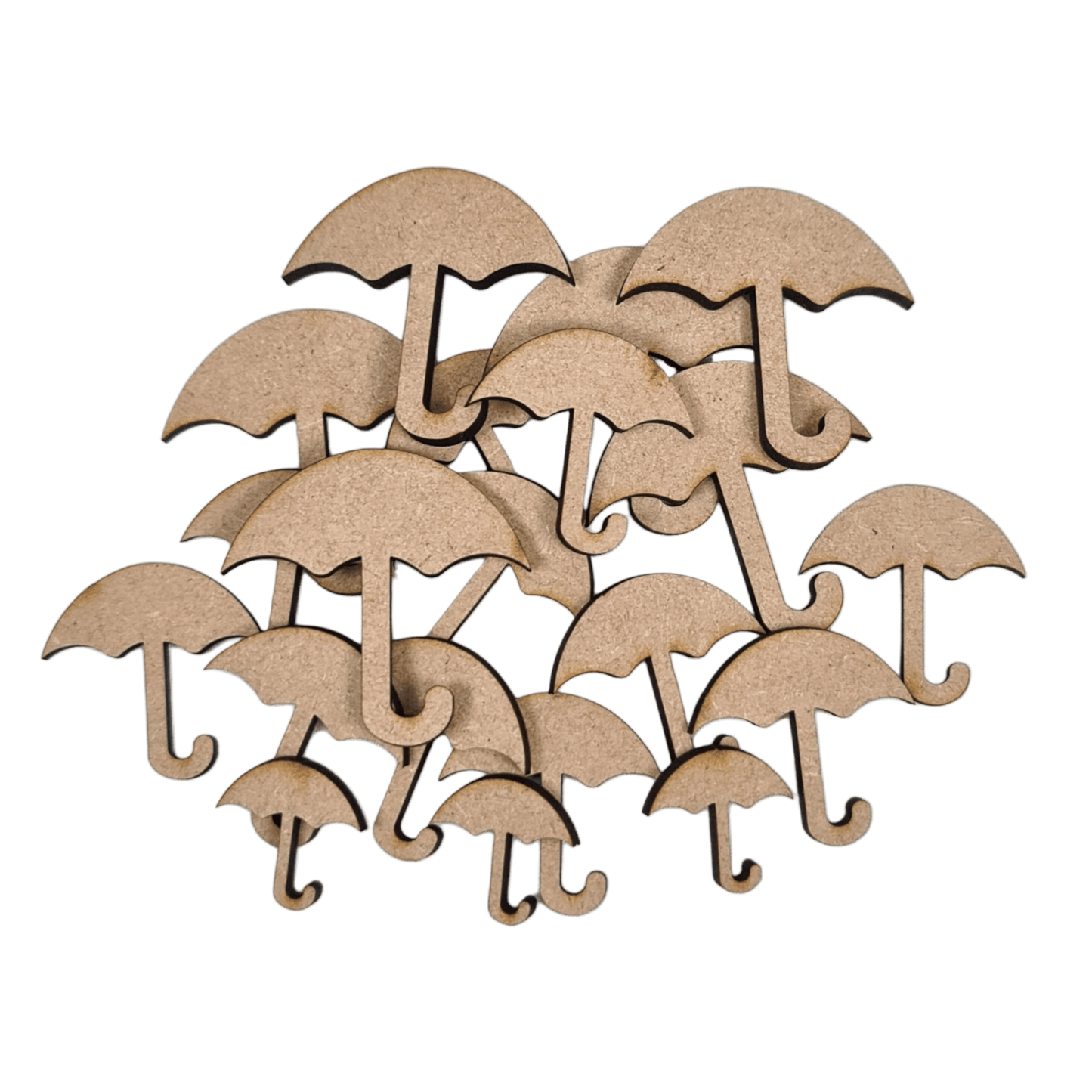 Laser cut MDF umbrella craft shapes, 3mm thick, perfect for arts & crafts projects.