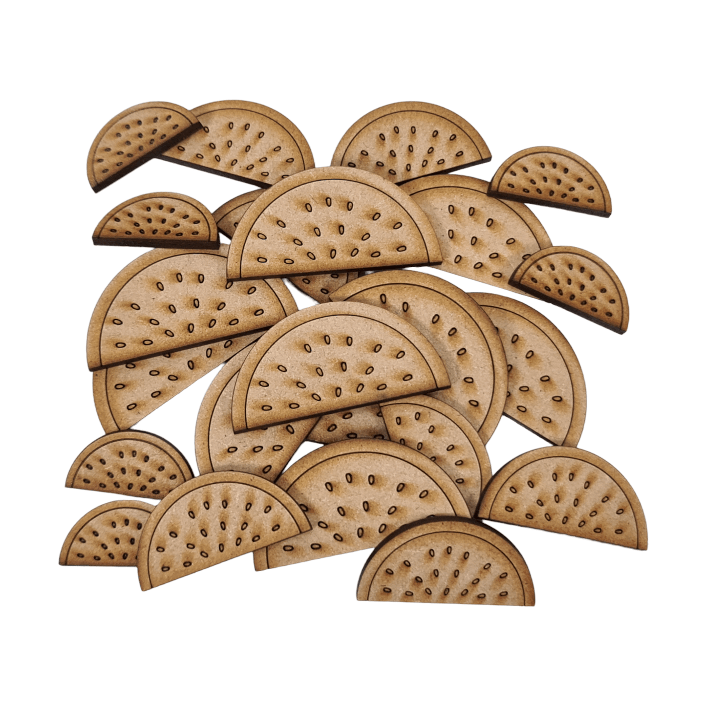 Laser cut MDF watermelon half craft shapes, 3mm thick, perfect for arts & crafts projects.