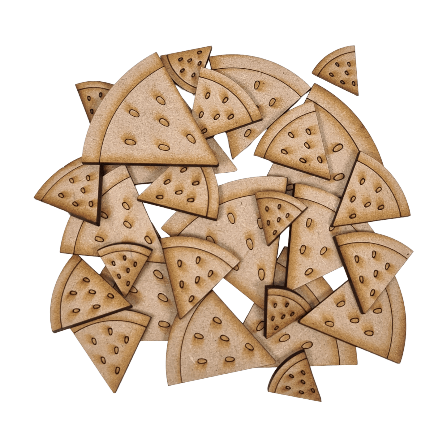 Laser cut MDF watermelon slice craft shapes, 3mm thick, perfect for arts & crafts projects.