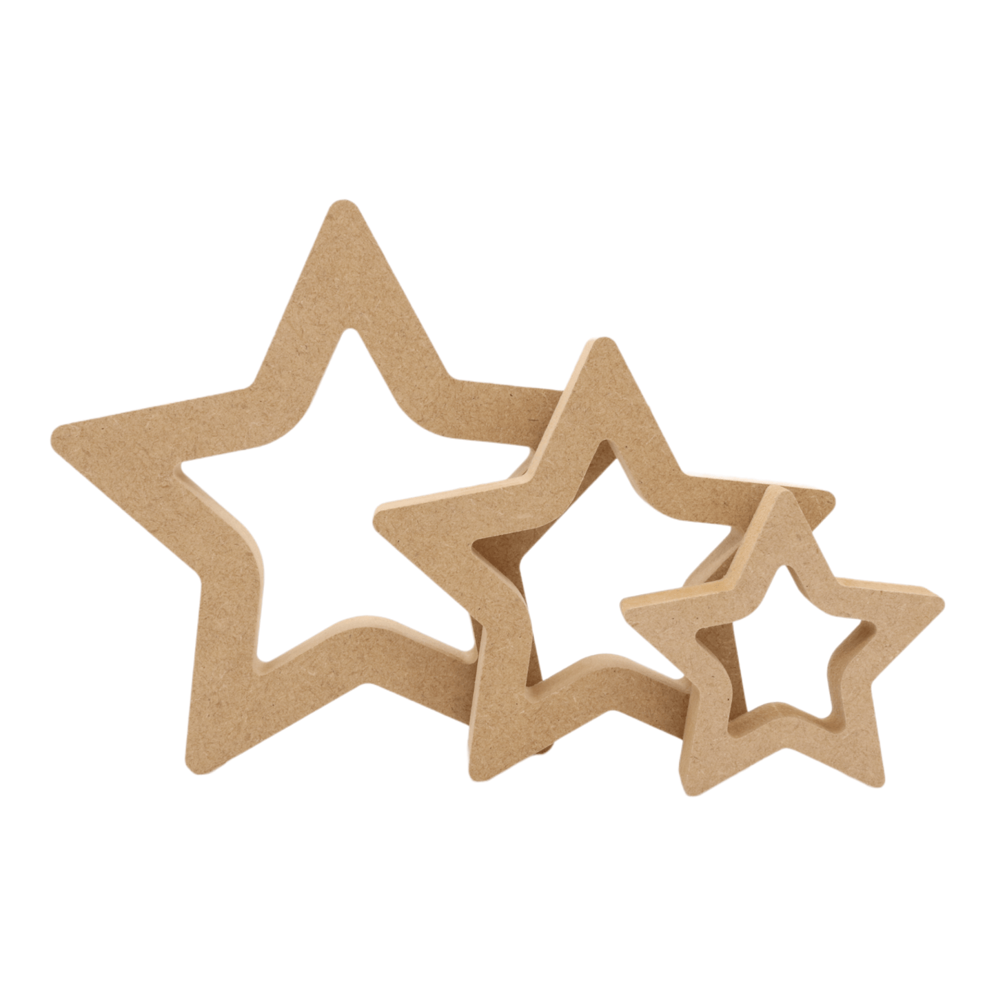 CNC routed freestanding hollow star shapes made from MDF, quality craft shapes for DIY projects.