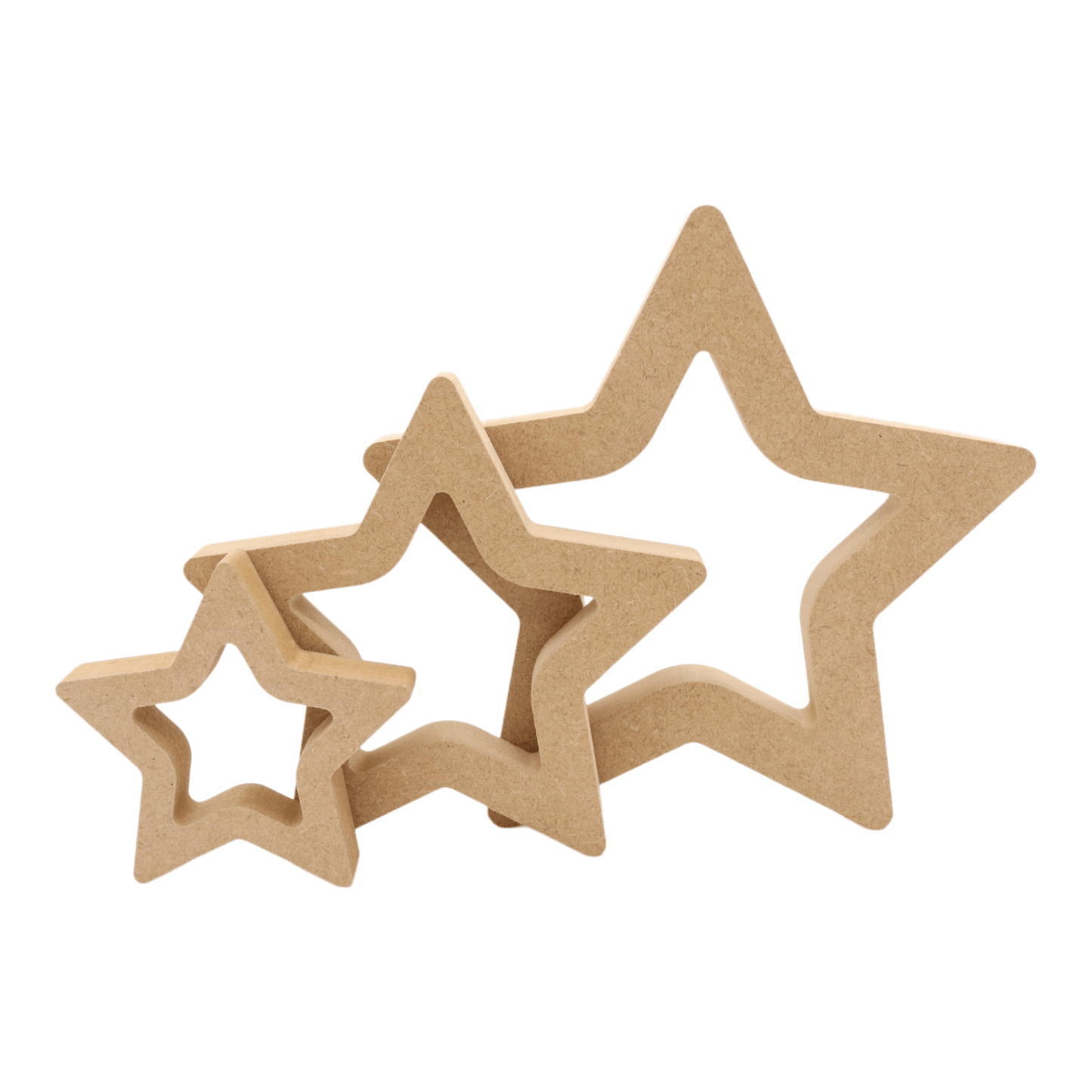 CNC routed freestanding hollow star shapes made from MDF, quality craft shapes for DIY projects.