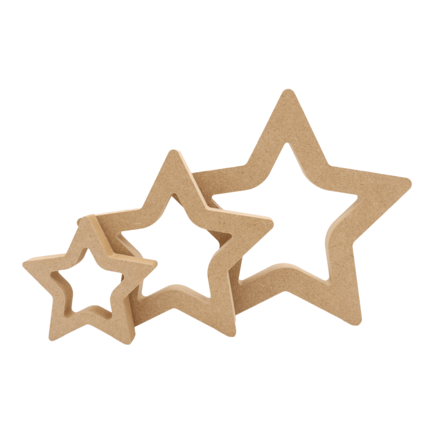 CNC routed freestanding hollow star shapes made from MDF, quality craft shapes for DIY projects.