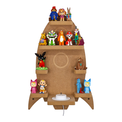 Rocket shaped display shelf for Toniebox, featuring one large MDF shelf for Tonie figure and box storage.