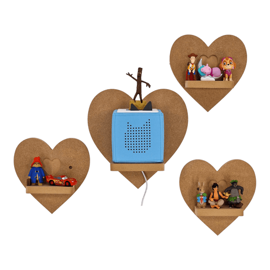 Heart display shelf set for Toniebox, featuring one large box bracket and three small MDF shelves for Tonie figure storage.