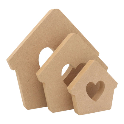 CNC routed freestanding bird house with heart cut-out shapes made from MDF, quality craft shapes for DIY projects.