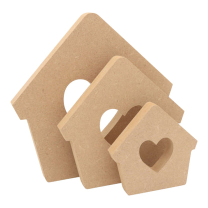 CNC routed freestanding bird house with heart cut-out shapes made from MDF, quality craft shapes for DIY projects.