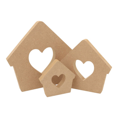 CNC routed freestanding bird house with heart cut-out shapes made from MDF, quality craft shapes for DIY projects.