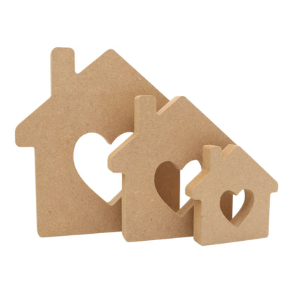 CNC routed freestanding house with heart cut-out shapes made from MDF, quality craft shapes for DIY projects.