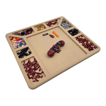 LEGO Compatible Sorting & Building Tray filled with assorted LEGO bricks and building pieces for easy organization. Left hand View LS6