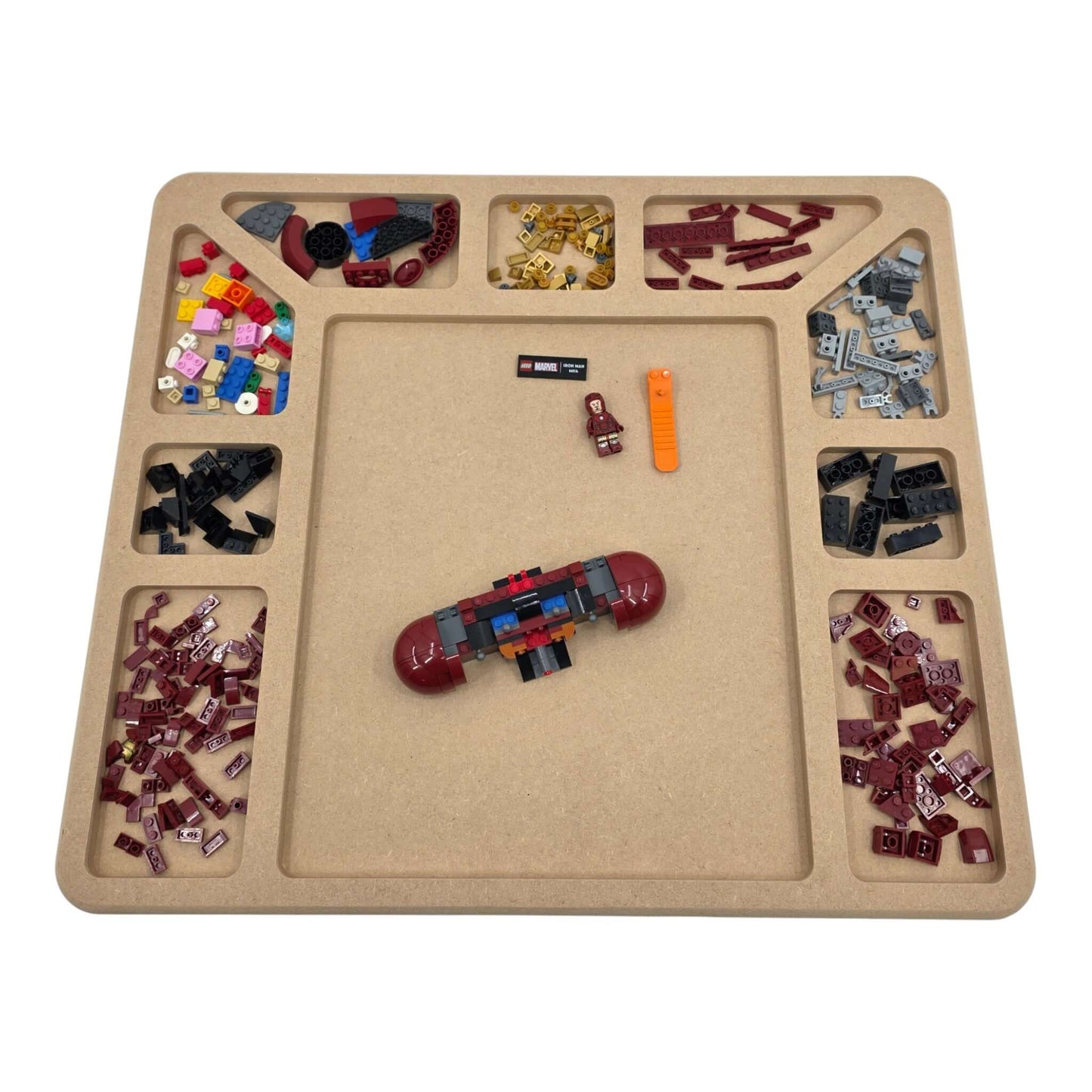 LEGO Compatible Sorting & Building Tray filled with assorted LEGO bricks and building pieces for easy organization. Front View LS6