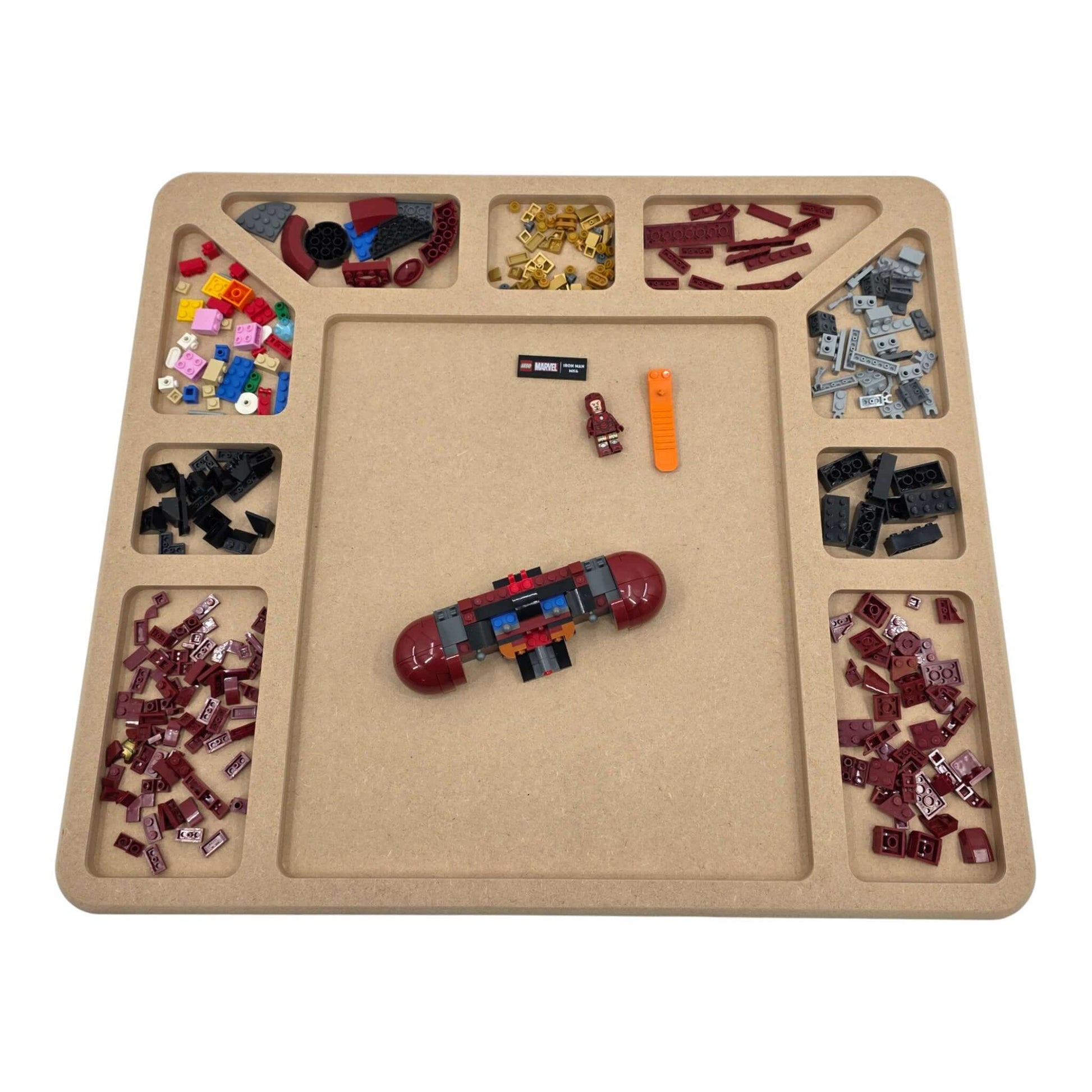 LEGO Compatible Sorting & Building Tray filled with assorted LEGO bricks and building pieces for easy organization. Front View LS6