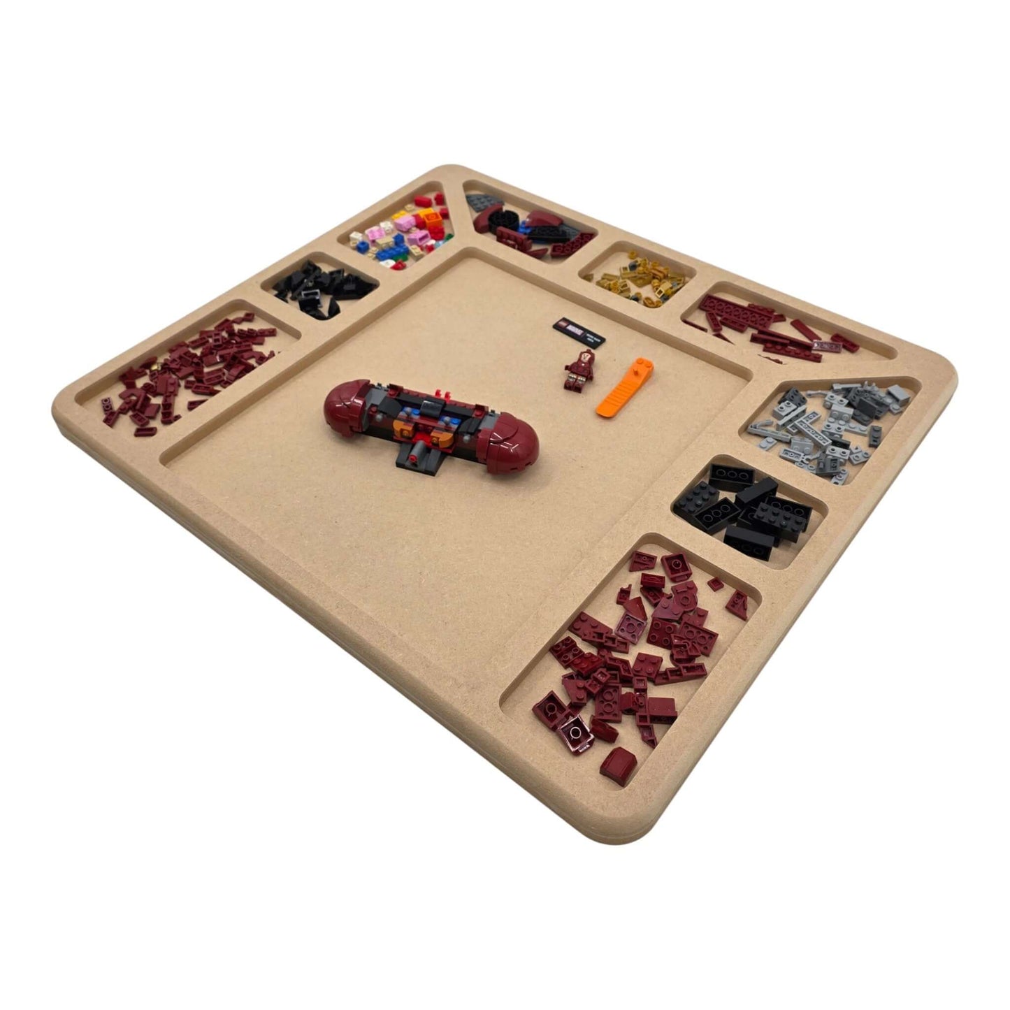 LEGO Compatible Sorting & Building Tray filled with assorted LEGO bricks and building pieces for easy organization. Right hand View LS6